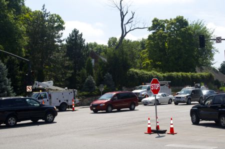 Rainbow and Shawnee Mission Parkway was a four-way stop Sunday as crews did scheduled work on the signals.